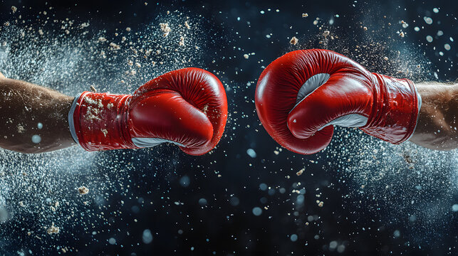 Intensity in the Ring: Two boxers' gloved fists collide, capturing the raw power and dynamic energy of a boxing match with exploding particles. A display of skill, strength, and determination.