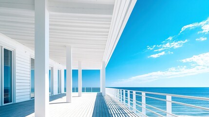 Contemporary beachfront architecture, clean white lines with ocean waves in the distance, open sunny space, natural lighting