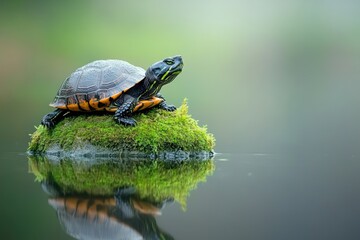 Fototapeta premium Bog Turtle: European Reptile Resting in Mossy Pond with Stone and Water