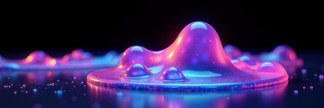 Bold holographic liquid blob shape with iridescent wavy melted substance, isolated on a black background,  melted,  shape
