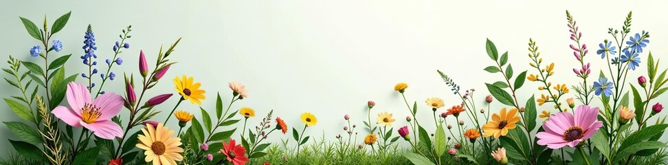 Botanical floral elements with branches, leaves, herbs, wild plants, and flowers in a garden or meadow setting, botanic,  branches
