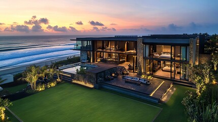 Fototapeta premium Contemporary beachfront estate, infinity pool overlooking ocean waves, open-concept interiors with chic decor, soft sunset glow 