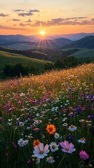 Peaceful sunrise view above flower field high resolution picture