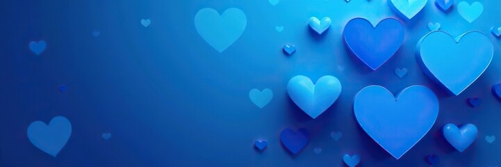 Blue abstract background with multiple overlapping hearts in various sizes and shades of blue, love,  celebration