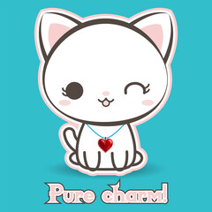 Cute white kitten with a heart pendant, sticker, text Pure charm! Little kitten, pet, kitty