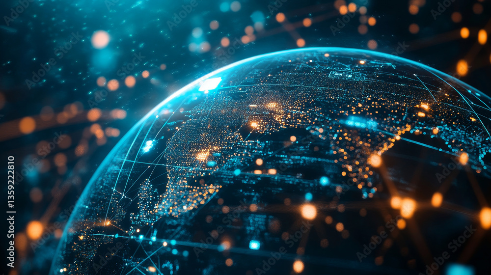 Poster global wireless network. blockchain technology in digital future. peering database. 3d illustration 