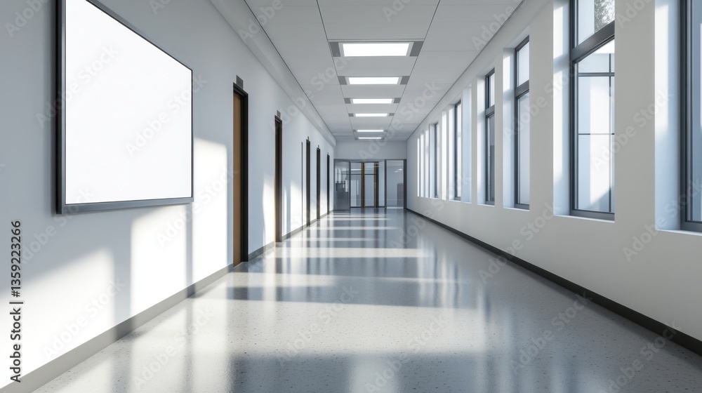 Poster modern empty school corridor with large windows and blank sign