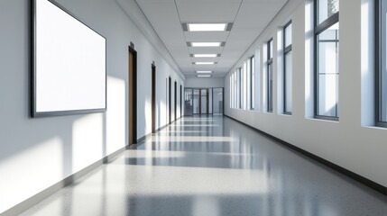Fototapeta premium modern empty school corridor with large windows and blank sign
