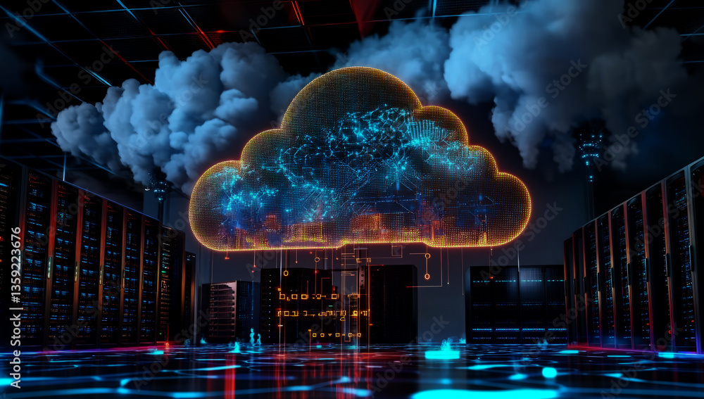 Poster 3d render of a cloud computing and data center with server racks, a technology background,