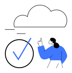 Person gesturing toward a cloud above, next to a big check mark symbol. Ideal for cloud computing, success, productivity, approval, data storage, online access innovation. Minimal flat simple