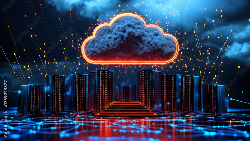 Poster 3d render of a cloud computing and data center with server racks, a technology background,