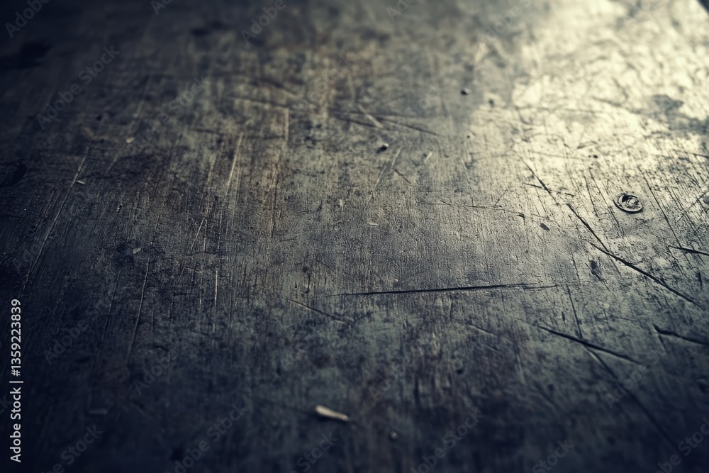 Poster a close up view of a scratched and textured surface with light reflecting on the metal material text