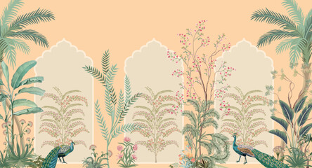 Traditional Mughal Wall Mural, Mughal Arch with Mughal Flower, Peacock, Seamless Background.  © Sharif