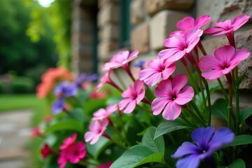 Beautiful pink and purple flowers blooming against a stone wall in a lush garden,  plants,  colorful