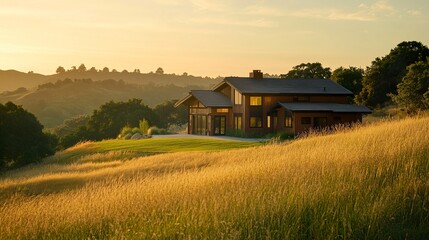 Obraz premium Contemporary home in a peaceful natural landscape, vast greenery symbolizing investment and family future, warm golden hour lighting 
