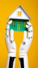 model of a house in the hands of a robot