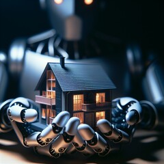 model of a house in the hands of a robot
