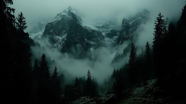 Mystic Mountains: A panoramic view of towering mountain peaks piercing through the misty clouds, with snow-capped summits contrasting against the dark, foreboding pine forests in a dramatic landscape. - Powered by Adobe