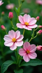Beautiful pink and white flowers in full bloom surrounded by green leaves and stems,  blossom,  nature