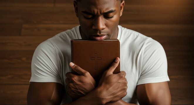 African american man holding bible with cross in prayer, embodying faith. Spirituality and religion for religious greeting card, postcard or christian wall art