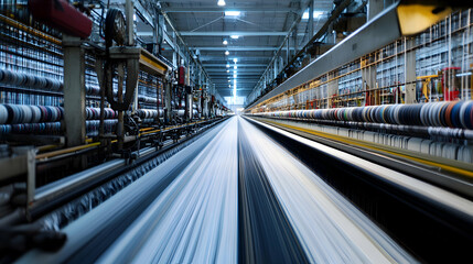 Obraz premium A panoramic view of a large textile mill, with rows of spinning machines weaving fabric at high speed