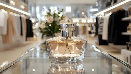 A perfume bottle displayed prominently in a stylish retail store with clothing and floral arrangements in the background. Concept Perfume Display, Stylish Retail, Floral Arrangements