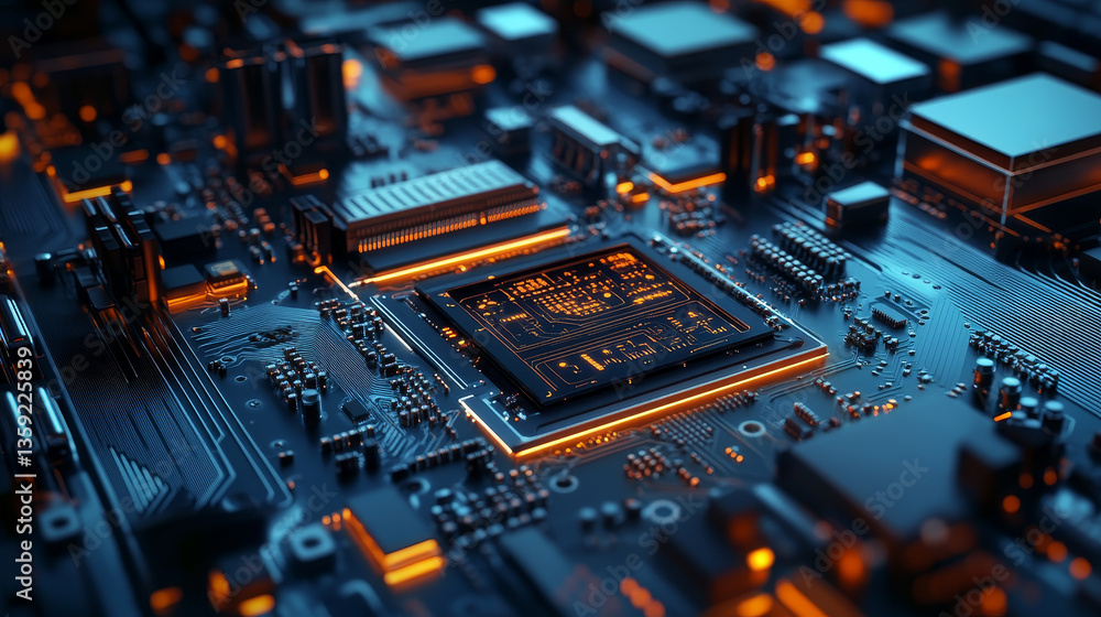 Poster motherboard, computer circuit, processor, cpu, quantum computer 3d illustration. high tech and cyber