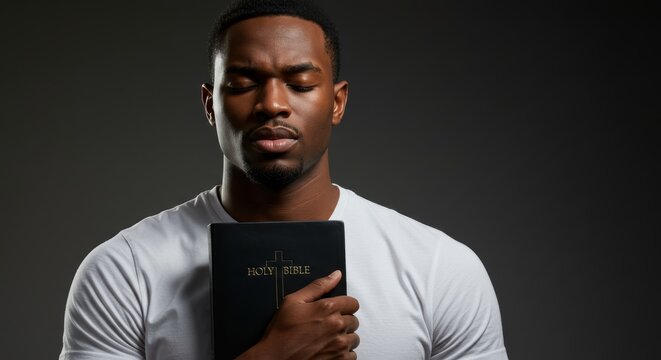 African american man holding bible with cross in prayer, embodying faith. Spirituality and religion for religious greeting card, postcard or christian wall art