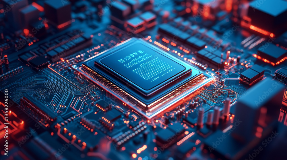 Poster motherboard, computer circuit, processor, cpu, quantum computer 3d illustration. high tech and cyber