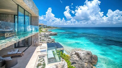 Fototapeta premium Contemporary oceanfront villa with seamless glass walls framing turquoise waves, clean architectural lines, natural stone accents, and soft sunlight creating a serene ambiance 