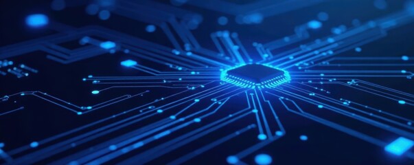 Fototapeta premium Deep navy background, intricate glowing blue circuits Sophisticated cyber elegance pattern , lines, seamless, dark