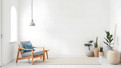 Minimalist White Living Space with Mid-Century Accent Chair. High Quality Photo