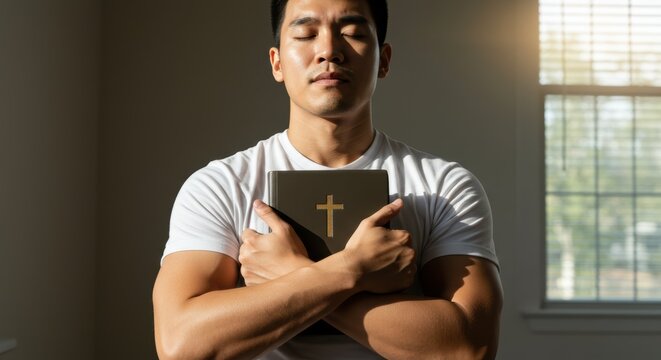 Asian man holding bible with cross in prayer, embodying faith. Spirituality and religion for religious greeting card, postcard or christian wall art