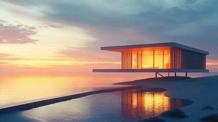 Contemporary sustainable beach house with timber facade, soft sunset glow illuminating the structure, ocean horizon in the background