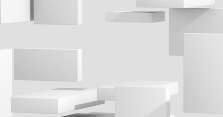 3D looping animation of floating white geometric blocks moving in an abstract and minimalist composition - Powered by Adobe