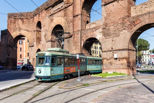 Tram type Serie 7000 Stanga at Porta Maggiore public transport in Rome, Italy