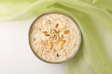 Semiya or vermicilli kheer with cashew nuts, saffron, raisins and almonds