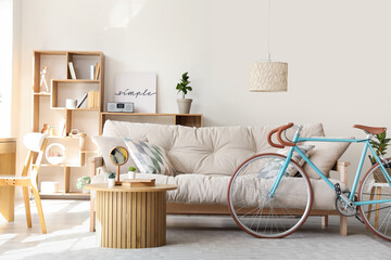 Beautiful interior of living room with sofa, shelving unit, coffee table and bicycle