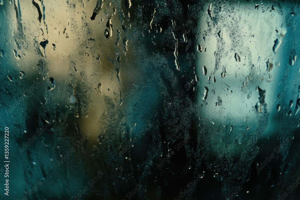 Poster a close-up, intimate view of a rain-streaked window, blurring the outside world and creating a sense
