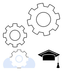 Gears above a head shape and a graduation cap representing education, knowledge, teamwork, technology, innovation, creativity, success. Ideal for education, growth skill-building models flat simple