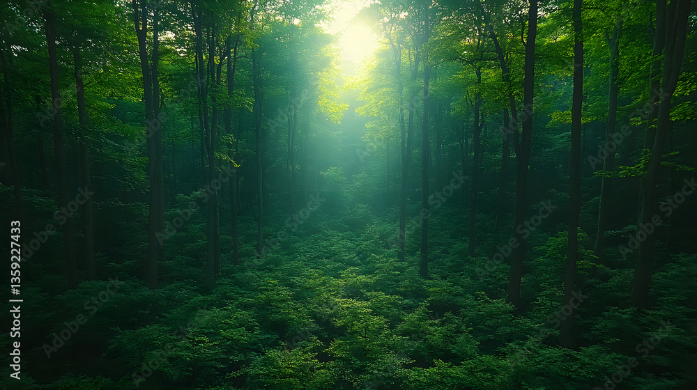 Poster mystical forest: sunlight filters through the dense canopy, illuminating the lush undergrowth, creat