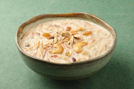 Semiya or vermicilli kheer with cashew nuts, saffron, raisins and almonds