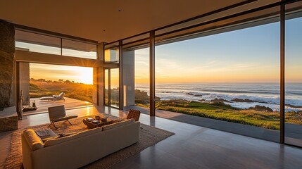 Obraz premium Contemporary villa perched on the coastline, floor-to-ceiling windows showcasing breathtaking ocean views, smooth lines and organic materials, bathed in golden sunlight. 