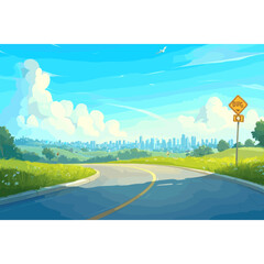 Winding road with traffic signs landscape city illustration vector