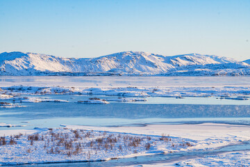 Winter landscape of Thingvellir National Park, sunset view.