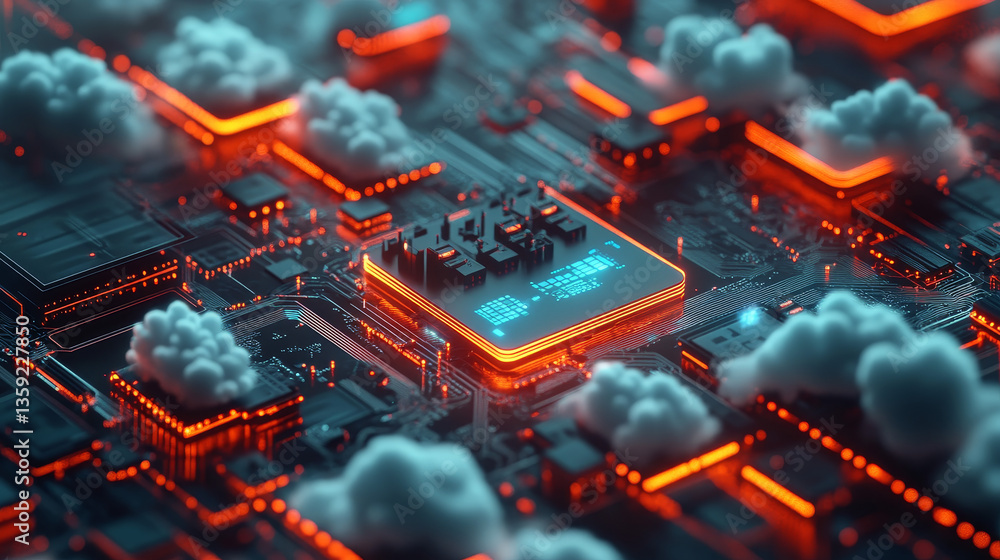 Poster futuristic processor, cpu, neural network, artificial intelligence. network structure and cloud stor