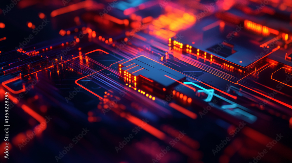 Poster neural network and innovation in the field of high technology. 3d illustration of polygonal fields a