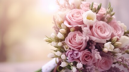 Obraz premium The close up picture of the wedding bouquet that has been putting on the floor with the blur background, the wedding is a ceremony and celebration in which two people are united in marriage. AIG51.
