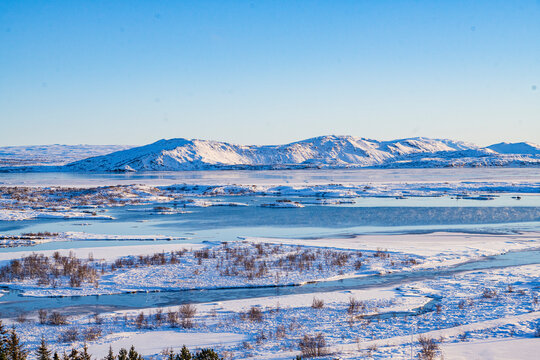 Winter landscape of Thingvellir National Park, sunset view.