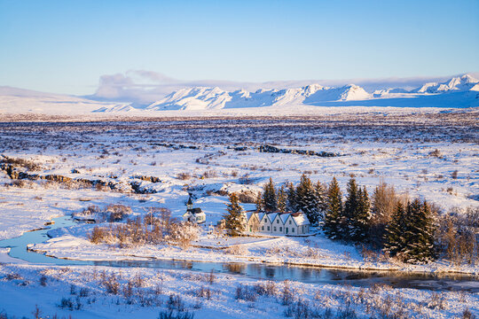 Winter landscape of Thingvellir National Park, sunset view.